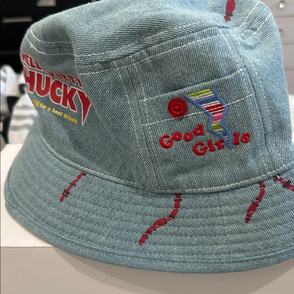 Chucky Denim Bucket Hat with Red Embroidery